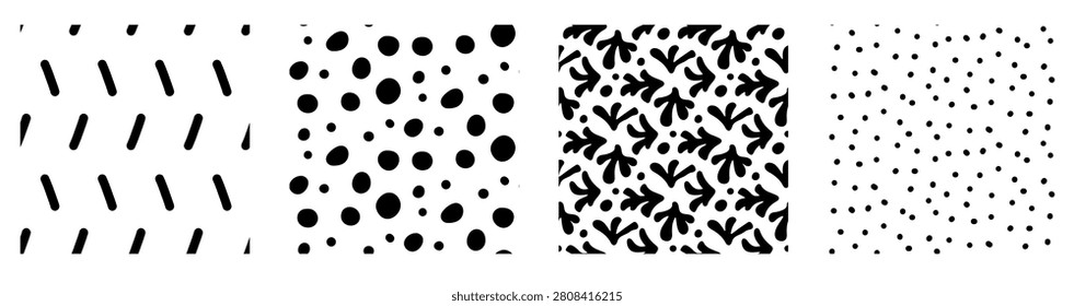 Airy organic seamless pattern set with abstract coral shapes and polka dots. Black doodle silhouettes and dash lines for print cover. Monochrome vector collection of tossed organic seamless motifs.