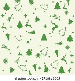  An airy seamless vector pattern with scattered green Christmas trees and stars on a light beige base, capturing a whimsical winter essence. Ideal for fabric prints, digital art, cards, and light-hearted holiday projects.

