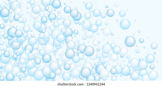 Airy soap foam bubbles vector, abstract shampoo soapy effect background. Water and detergent foam bubbles illustration. Blurry sphere elements background for hygiene cosmetics soap or shampoo.