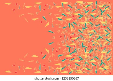 Airy vector abstract background chaotic multitude of colorful triangles in golden outline on a peach color background  for wallpaper, cover page, web site, card, business banner.