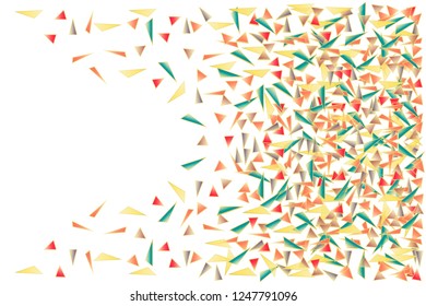 Airy vector abstract illustration chaotic multitude of red, blue, yellow, orange, brown triangles in golden outline on a white background  for wallpaper, cover page, web site, card, business banner.