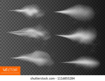 Airy water spray mist set. Sprayer fog isolated on black transparent background. Airy spray. Vector illustration.