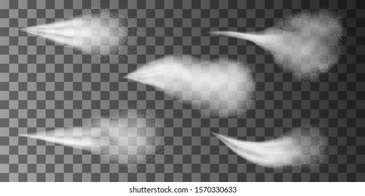 Airy water spray mist vector set. Sprayer fog isolated on black transparent background. 