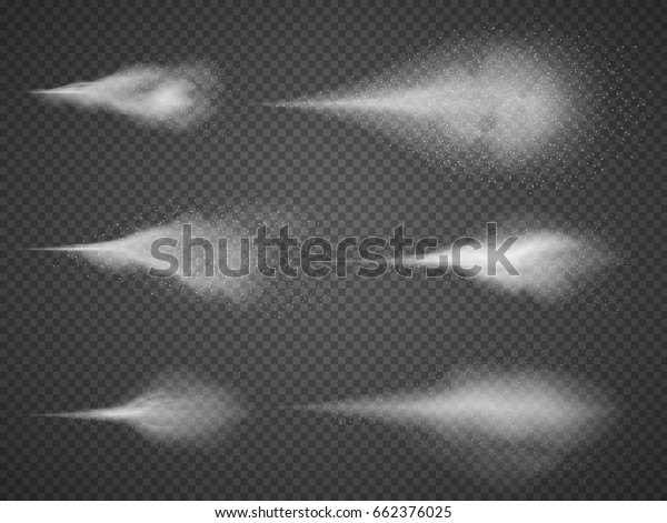 Airy water spray mist vector set. Sprayer\
fog isolated on black transparent background. Airy spray and water\
hazy mist clean\
illustration