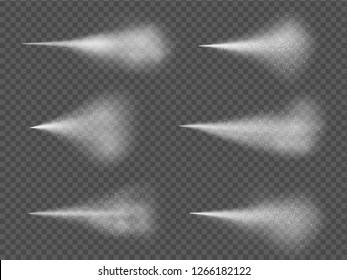 Airy water spray, pulverizer effect realistic set. Small drops of deodorant liquid carried in the air. Vector illustration