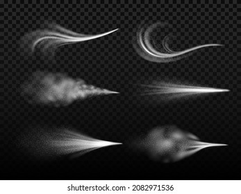 Airy water spray. Realistic pressurized jets with small droplets of liquid, curly fog ceilings, flying perfume mist particles air flows effect, different shapes isolated