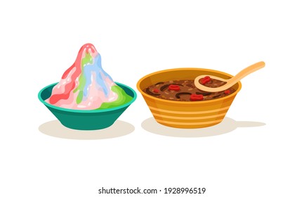 Ais Kacang Dessert or Mixed Ice and Meat Stew as Malaysian Cuisine Dishes Served in Bowl Vector Set