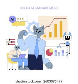 AI's role in data management is highlighted as characters interact with digital tools and graphs. The illustration emphasizes the integration of AI for efficient business data solutions and analytics.