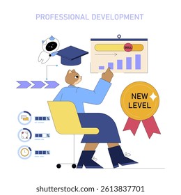 AI's role in professional development emphasizes skill enhancement through technology. A character interacts with data and receives recognition, illustrating growth and achievement in the workplace