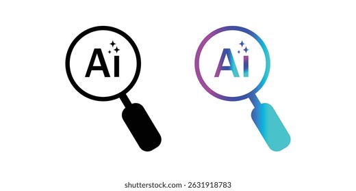 AI-search icon with A magnifying glass with stars. AI Searching or finding and analysis by Machine learning. Artificial intelligence technology. Icon element for application and web.