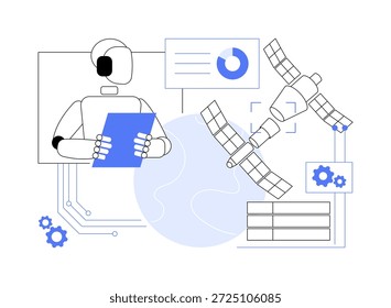 AI-Smart Automated Docking Manöver abstrakte Konzept, Vektorgrafik. Weltraumforschung. KI-gesteuerte automatisierte Andockmanöver verbessern Effizienz und Einblick. abstrakte Metapher.