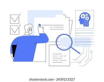 Ilustración abstracta del vector del concepto de la diligencia debida racionalizada de AI. Servicios jurídicos. Automatice las tareas de diligencia debida, verificaciones de antecedentes y evaluaciones de riesgos con la tecnología de IA.