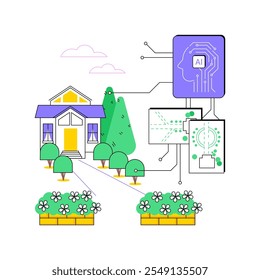 ILUSTRACIÓN VECTORIAL de concepto abstracto de AI-Streamlined Landscape Design. Arquitectura y Diseño. Create paisajes naturales y urbanos con selección de plantas y diseños de IA.