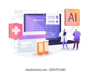 AI-Facturación médica racionalizada y Ilustración vectorial de concepto abstracto de codificación. Sanidad. Automatización de facturación médica. Reembolso de gastos médicos. AI Tecnología. metáfora abstracta.