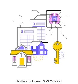 ILUSTRACIÓN VECTORIAL de concepto abstracto de AI-Streamlined Property Management. Inmobiliaria. Mantenimiento automatizado de la propiedad, colección de alquileres y comunicación con los inquilinos. AI Tecnología. metáfora abstracta.