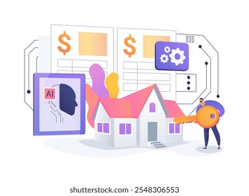 ILUSTRACIÓN VECTORIAL de concepto abstracto de AI-Streamlined Property Management. Inmobiliaria. Mantenimiento automatizado de la propiedad, colección de alquileres y comunicación con los inquilinos. AI Tecnología. metáfora abstracta.