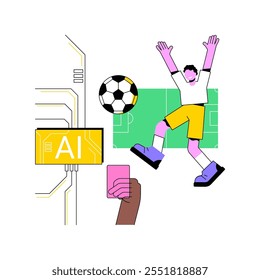 ILUSTRACIÓN VECTORIAL abstracta del concepto de asistencia al árbitro simplificada por IA. Analítica deportiva. Video Análisis y toma de decisiones en tiempo real. AI Tecnología. metáfora abstracta.