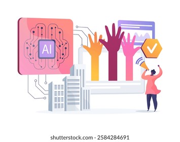 AI-Supported Civic Engagement abstract concept vector illustration. Government and Public Services. Foster civic participation and engagement with AI campaigns and platforms. abstract metaphor.