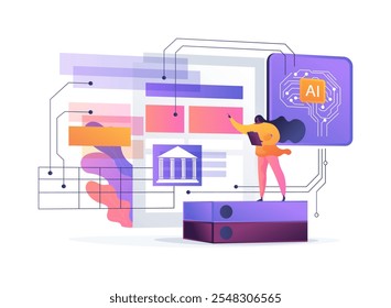ILUSTRACIÓN VECTORIAL de concepto abstracto de automatización de documentos compatible con IA. Servicios legales. Generación de documentos legales con Plantillas y herramientas basadas en IA. AI Tecnología. metáfora abstracta.
