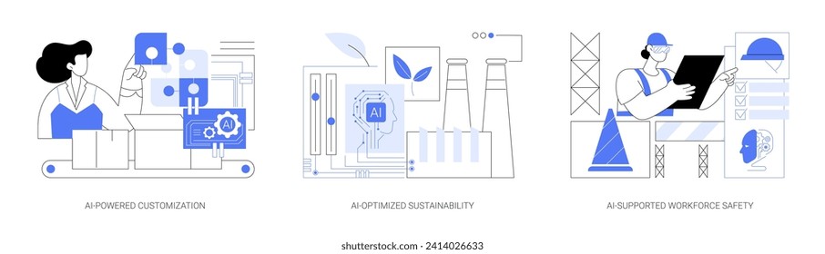 El conjunto de ilustraciones vectoriales de concepto abstracto de procesos de fabricación compatibles con IA. Personalización impulsada por IA, Sostenibilidad optimizada por IA, Seguridad de la fuerza de trabajo respaldada por IA, metáfora abstracta de protección de los empleados.