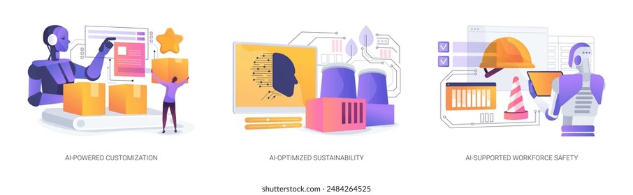 AI-Supported Manufacturing processes abstract concept vector illustration set. AI-Powered Customization, AI-Optimized Sustainability, AI-Backed Workforce Safety, Employee protection abstract metaphor.