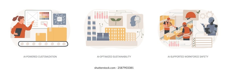 AI-Supported Manufacturing processes abstract concept vector illustration set. AI-Powered Customization, AI-Optimized Sustainability, AI-Backed Workforce Safety, Employee protection abstract metaphor.