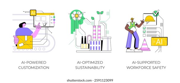 AI-Supported Manufacturing processes abstract concept vector illustration set. AI-Powered Customization, AI-Optimized Sustainability, AI-Backed Workforce Safety, Employee protection abstract metaphor.