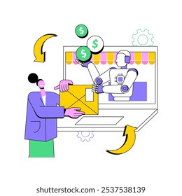 Ilustração de vetor de conceito abstrato de Processamento de Devolução e Reembolso com Suporte a IA. Comércio eletrônico. Automatize o processo de devolução e reembolso. Compras on-line com a tecnologia de IA. metáfora abstrata.