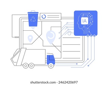 ILUSTRACIÓN VECTORIAL de concepto abstracto de gestión de residuos apoyada por IA. Gestión Ambiental. Colección y reciclaje de residuos mediante sistemas de planificación y clasificación de rutas de IA. metáfora abstracta.