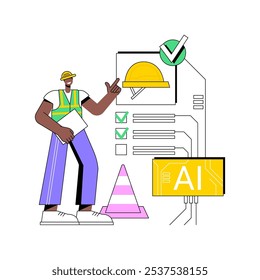 ILUSTRACIÓN VECTORIAL de concepto abstracto de seguridad de la fuerza de trabajo apoyada por IA. Fabricación. Predict y mitigar los riesgos potenciales en el lugar de trabajo. Protección de los empleados. AI Tecnología. metáfora abstracta.