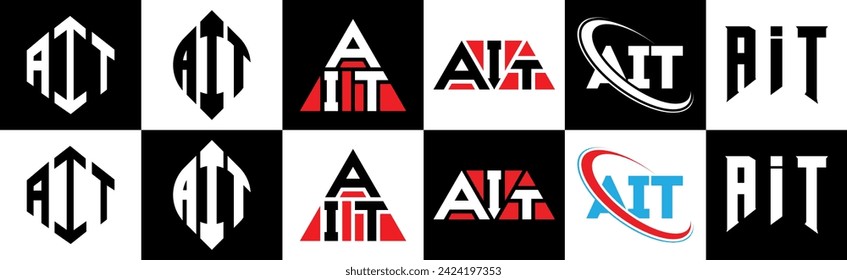 AIT letter logo design in six style. AIT polygon, circle, triangle, hexagon, flat and simple style with black and white color variation letter logo set in one artboard. AIT minimalist and classic logo