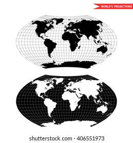 Aitoff world map projection. Black and white world map vector illustration.