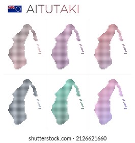 Mapa de puntos de Aitutaki. Mapa de Aitutaki en estilo punteado. Las fronteras de la isla están llenas de hermosos círculos de gradientes lisos. Ilustración vectorial moderna.