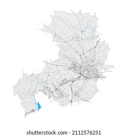 Aix-en-Provence, Bouches-du-Rhône, Francia mapa vectorial de alta resolución con límites de ciudad y caminos editables. Bordes blancos para las carreteras principales. Muchos caminos detallados. Formas y líneas azules para el agua.