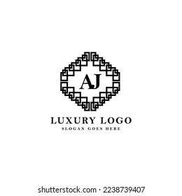 AJ initial based vector logo. Serif letter logo within complex line art frame. Logo for luxury fashion, beauty, jewelry, product, and company.