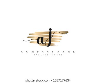 AJ initial handwriting logo with brush gold color template vector
