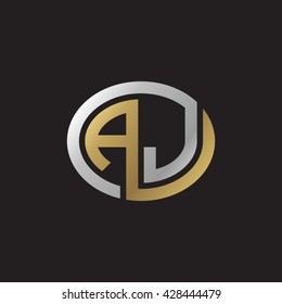 AJ initial letters looping linked ellipse elegant logo golden silver black background
