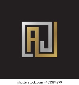 AJ initial letters looping linked square elegant logo golden silver black background