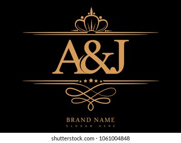 A&J Initial logo, Ampersand initial logo gold with crown and classic pattern