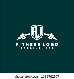 AJ initial monogram for fitnes or gym logo with creative shield and barbell design