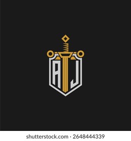 AJ monograma inicial para imagem de escudo e espada