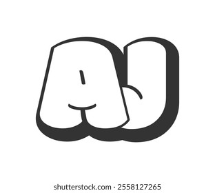 AJ logo, bubble comic lettering, rounded in graffiti style black and white silhouette. Trendy preschool A and J letter text for festival party, personal initials, children funky print and web.