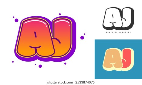 AJ logo design for festival or party. Initial letter a and j in graffiti style. Creative modern lettering company name of font typography. Kids trendy logotype or identity. Vector illustration.