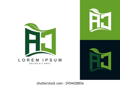 AJ logo monogram with green leaf nature organic bio curved shape premium vector design template