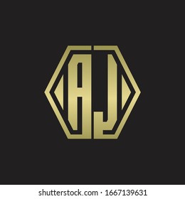 Monograma AJ con diseño redondeado de línea hexagonal con colores dorados