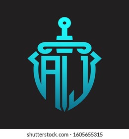 AJ Logo monogram with sword and shield combination isolated blue colors gradient