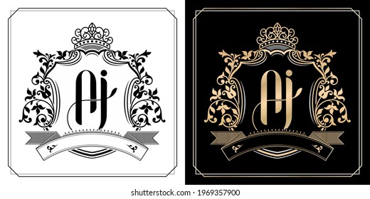 AJ royal emblem with crown, set of black and white labels, initial letter and graphic name of floral designs, AJ Monogram, for insignia, badge, emblem initial letter frames border, wedding couple name