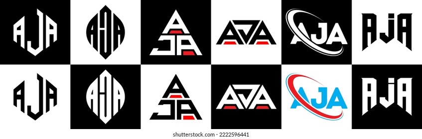 AJA letter logo design in six style. AJA polygon, circle, triangle, hexagon, flat and simple style with black and white color variation letter logo set in one artboard. AJA minimalist and classic logo