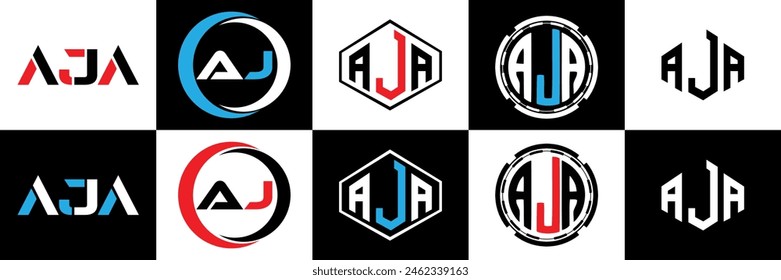 AJA letter logo design in six style. AJA polygon, circle, triangle, hexagon, flat and simple style with black and white color variation letter logo set in one