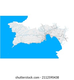 Ajaccio, Corse-du-Sud, Francia mapa vectorial de alta resolución con límites de ciudad y caminos editables. Bordes blancos para las carreteras principales. Muchos caminos detallados. Formas y líneas azules para el agua.